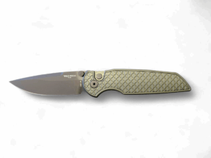 Pro-Tech TR-3 Integrity Button Lock - Green Aluminum w/Relic pattern/Black DLC Blade
